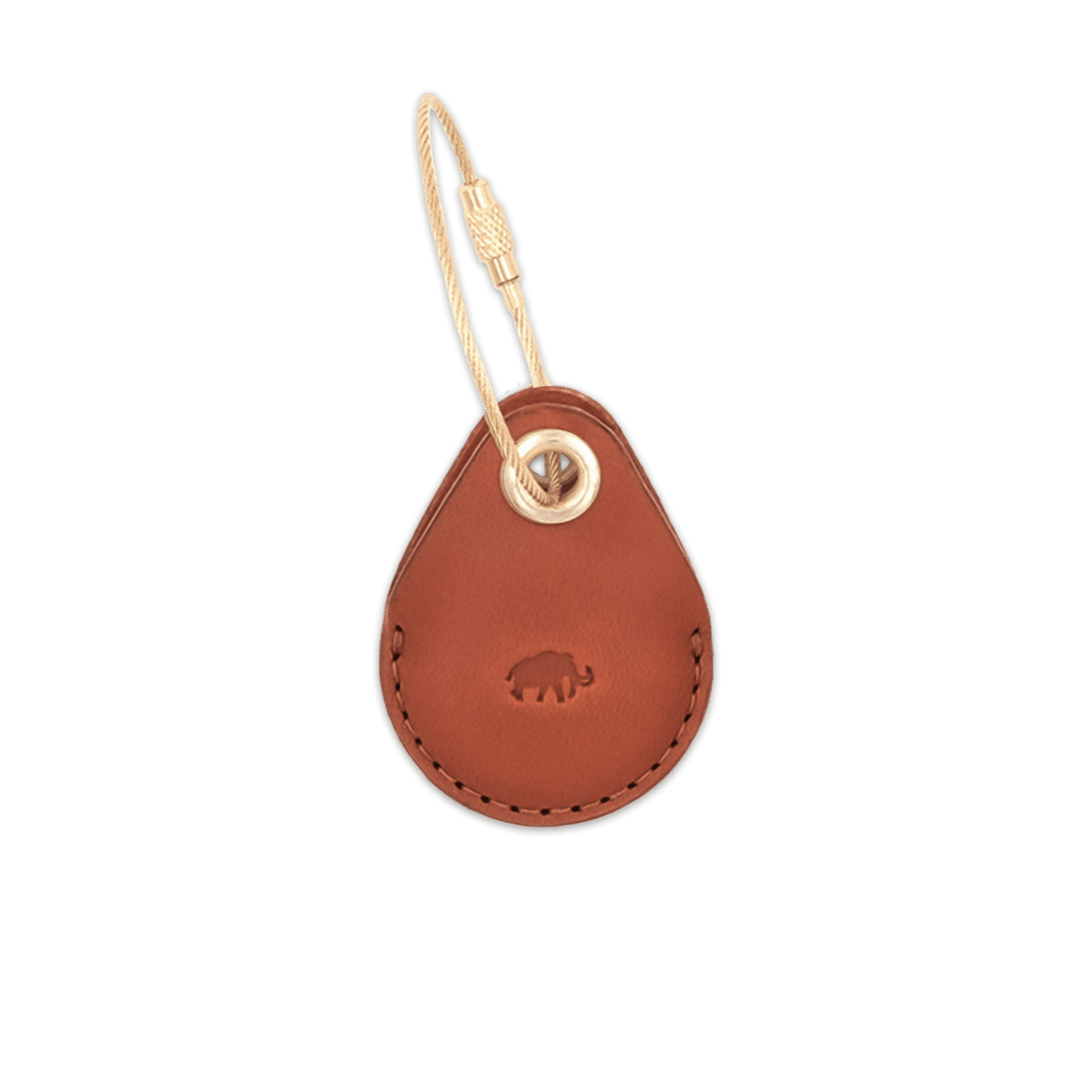 Brown leather AirTag case with debossed Woolly Made logo and brass luggage loop.