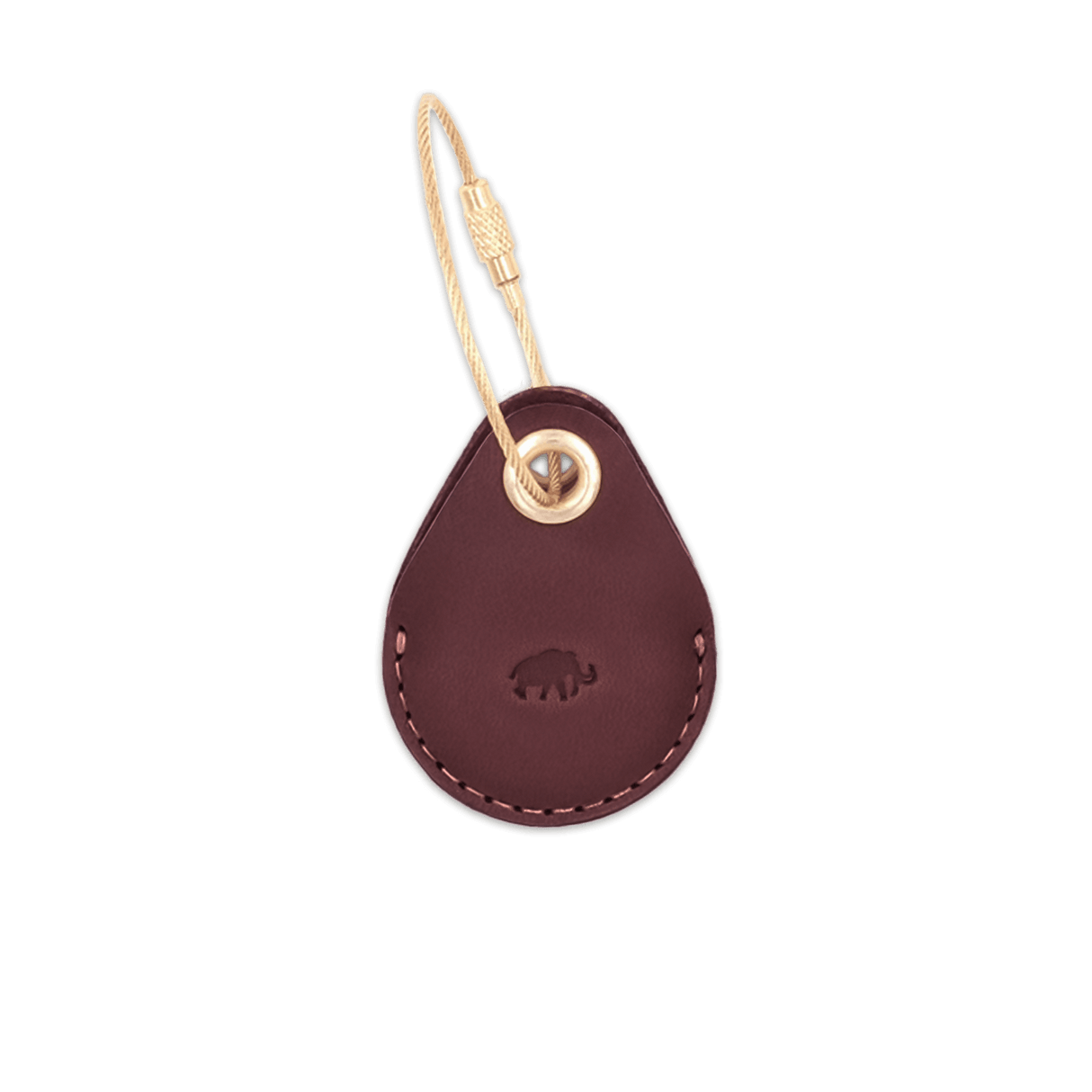 Burgundy leather AirTag case with debossed Woolly Made logo and brass luggage loop.