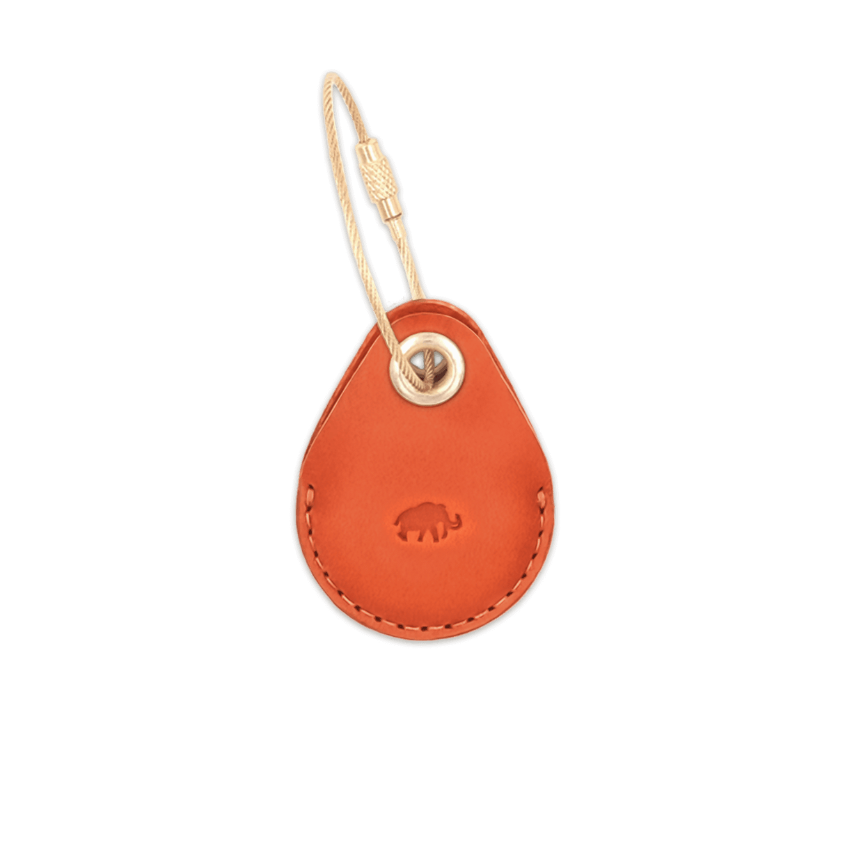 Orange leather AirTag case with debossed Woolly Made logo and brass luggage loop.