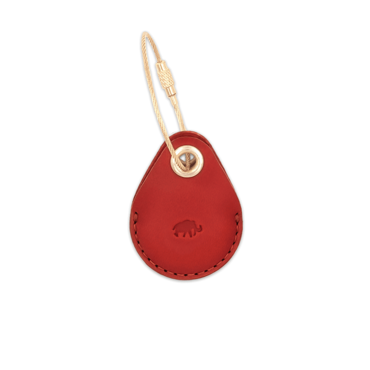Red leather AirTag case with debossed Woolly Made logo and brass luggage loop.