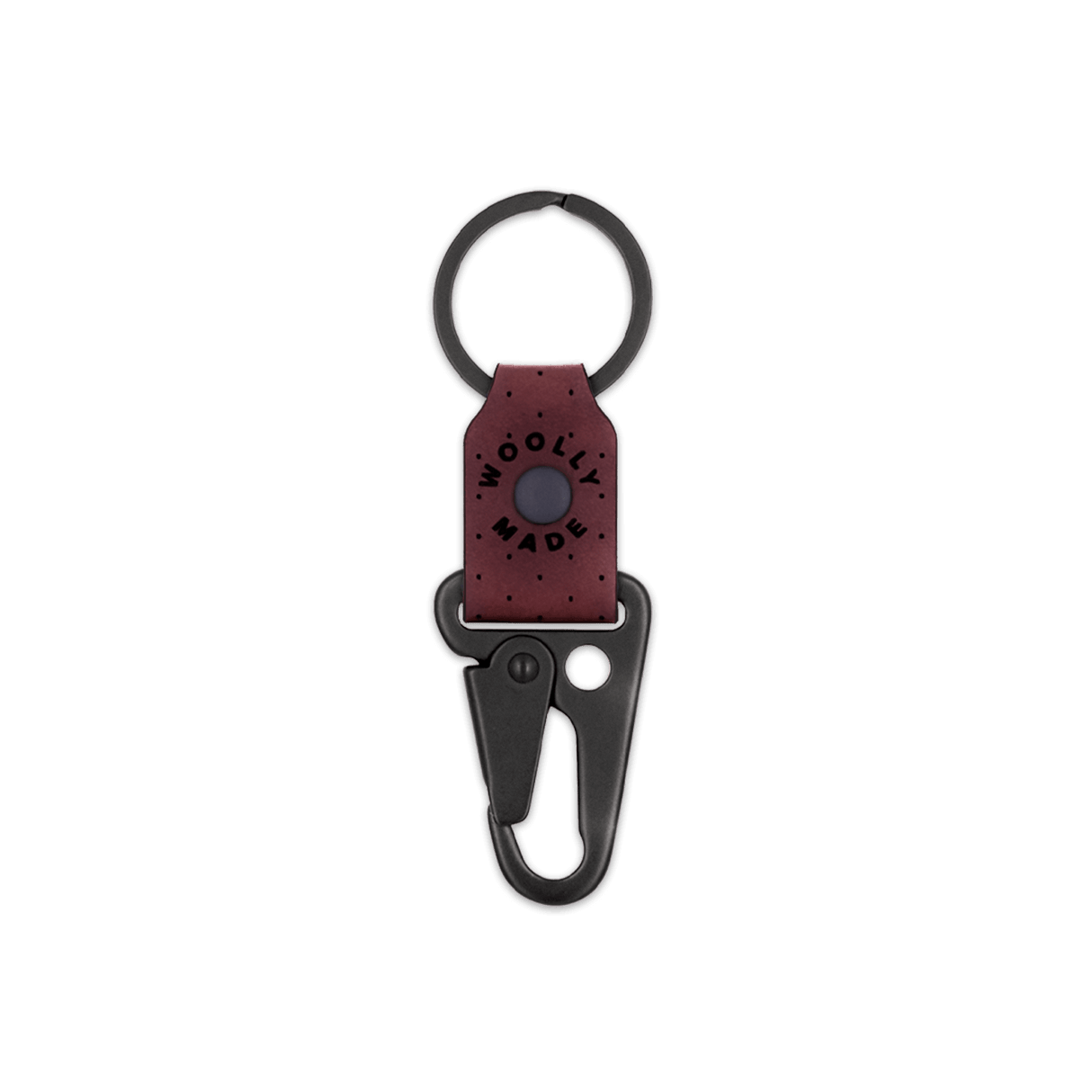 Burgundy leather Clip Keychain, etched Woolly Made logo, decorative perforation, and black hardware.