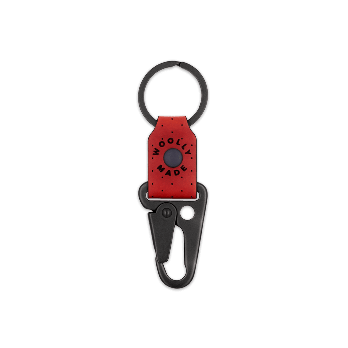 Red leather Clip Keychain with etched Woolly Made logo, decorative perforation, and black hardware.