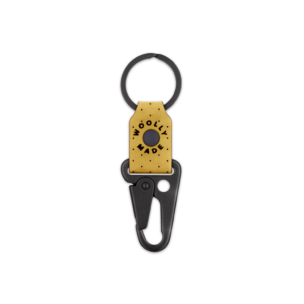 Yellow leather Clip Keychain, etched Woolly Made logo, decorative perforation, black hardware.