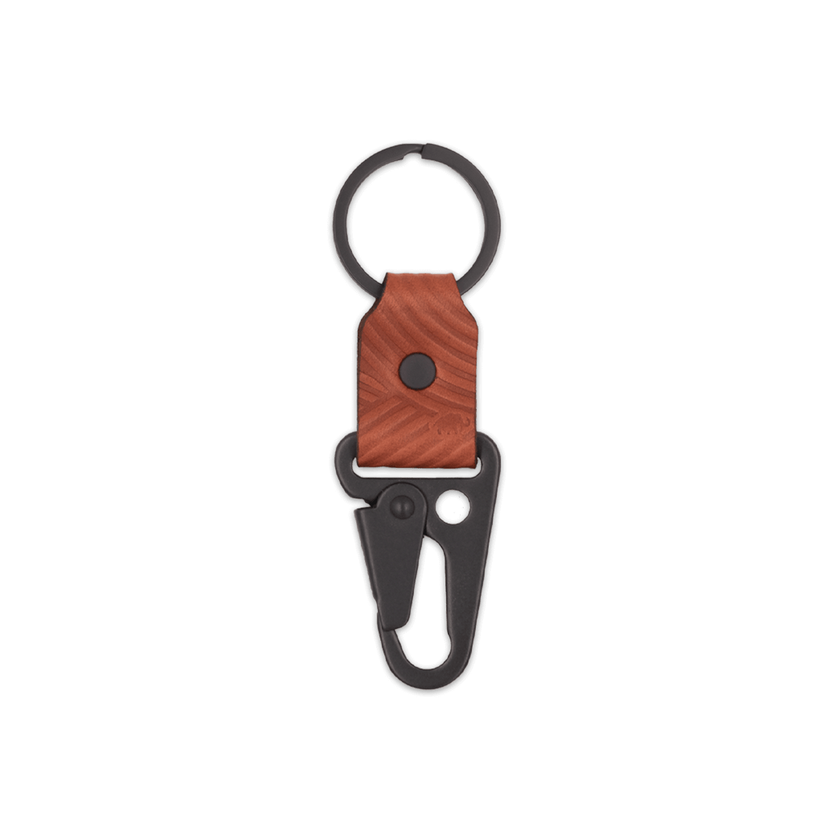 Brown leather Texture Clip Keychain, black hardware, hand-pressed design, Woolly Made logo.