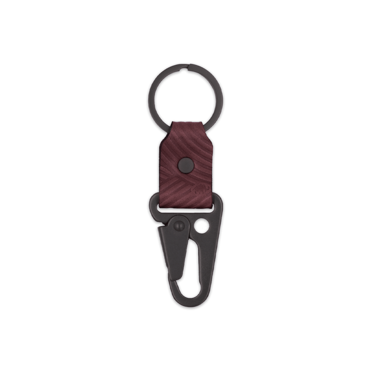 Burgundy leather Texture Clip Keychain, black hardware, hand-pressed design, Woolly Made logo.