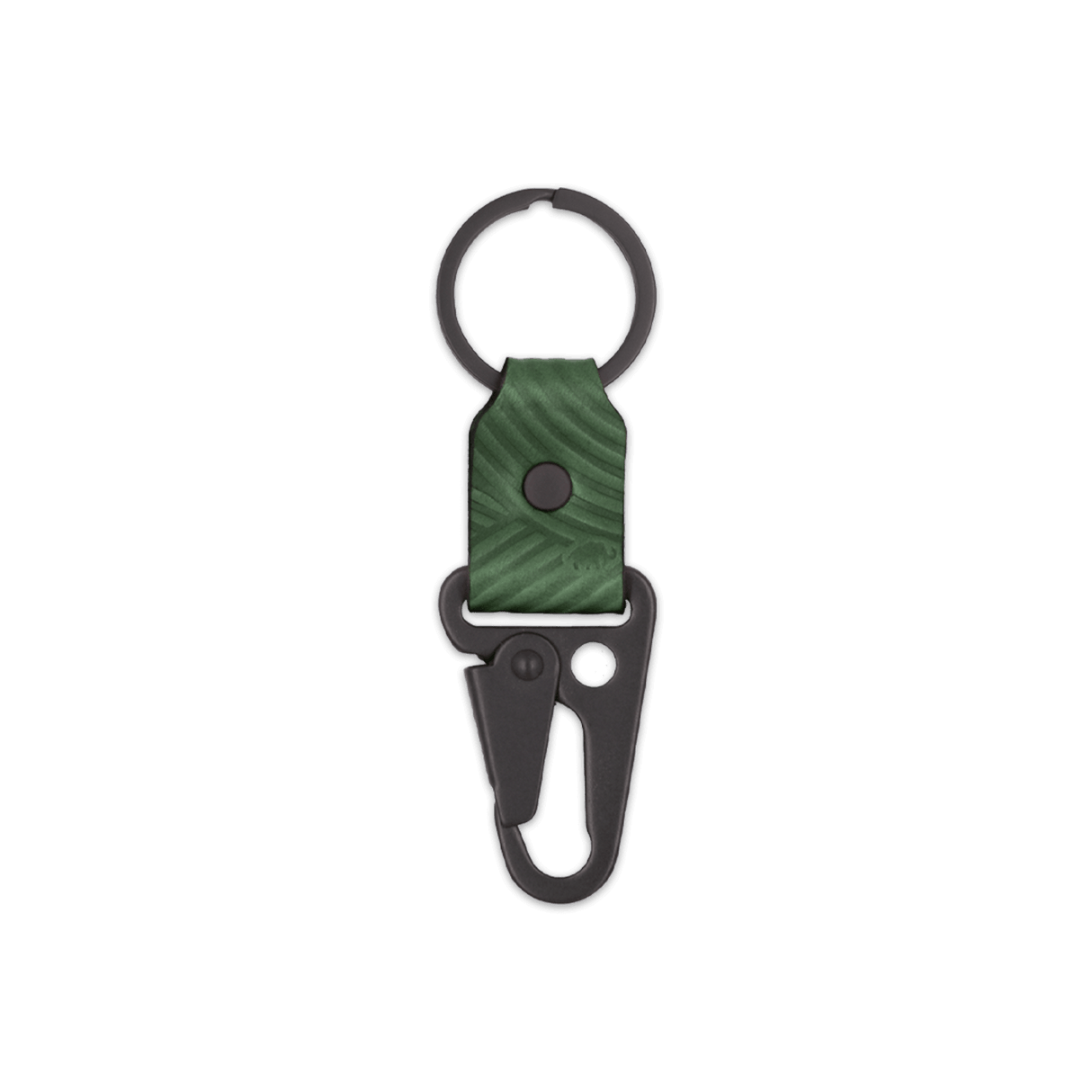 Green leather Texture Clip Keychain, black hardware, hand-pressed design, Woolly Made logo.