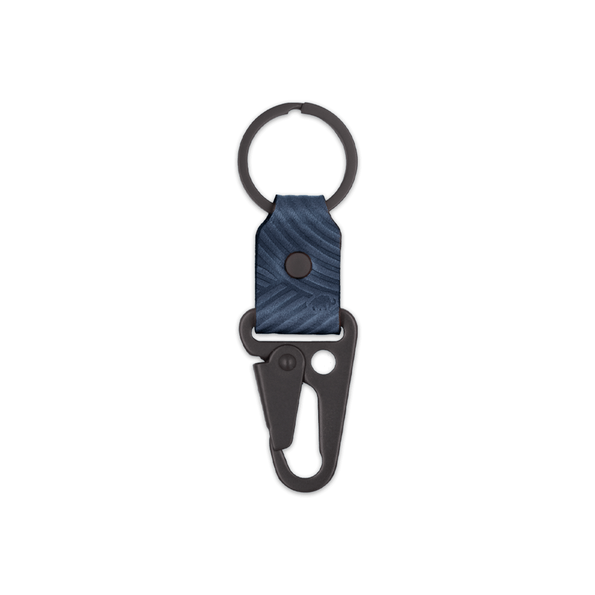 Navy leather Texture Clip Keychain, black hardware, hand-pressed design, Woolly Made logo.