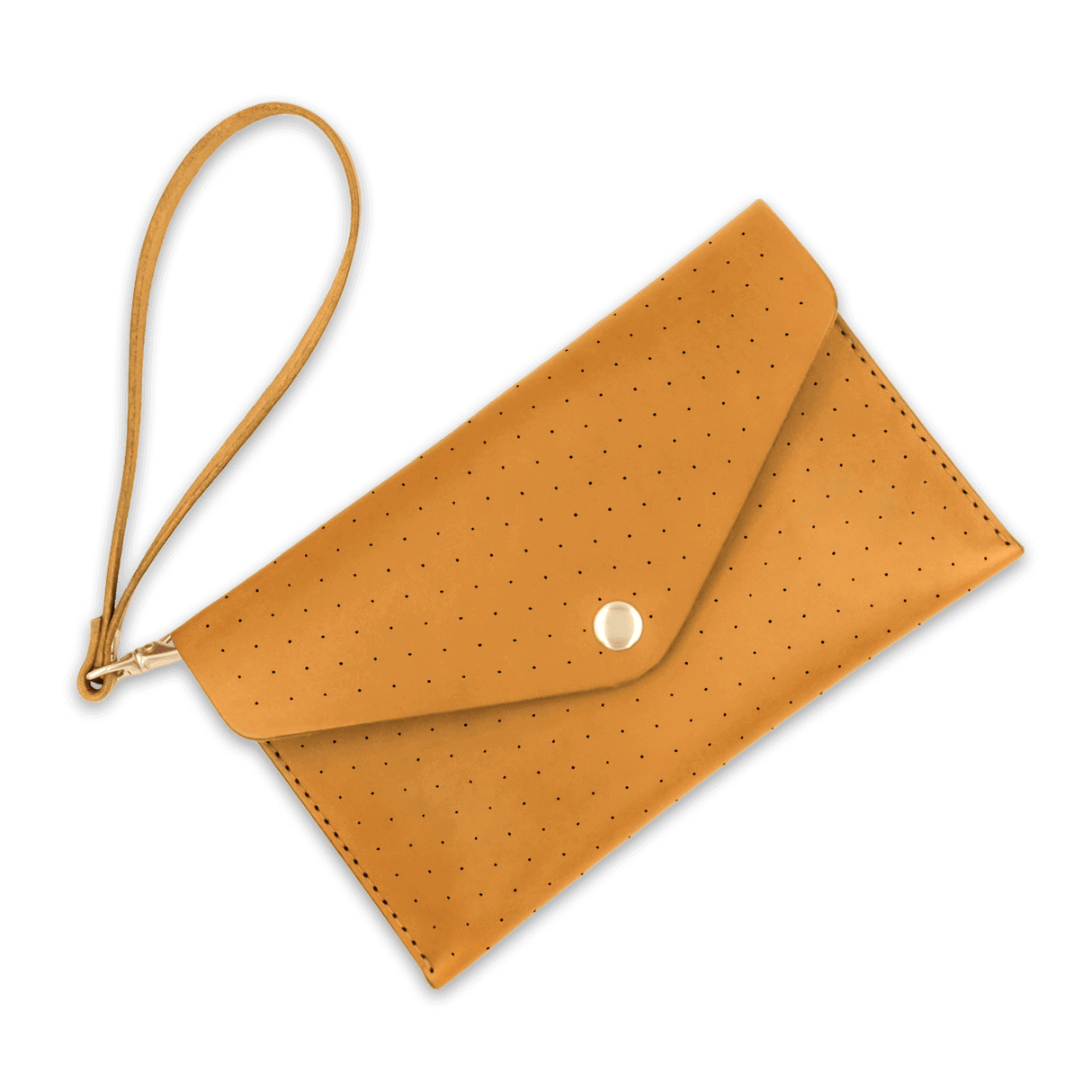 Gold leather Clutch with decorative perforation, attached matching wrist strap, and brass hardware.