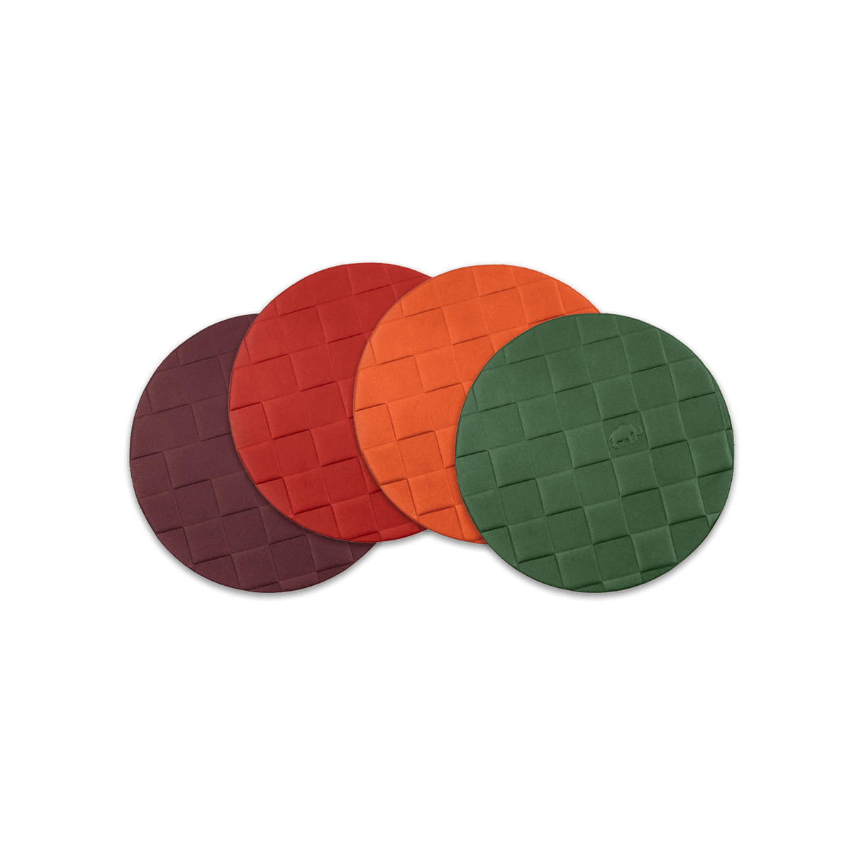 Green, Orange, Red, and Burgundy leather round Checker Texture coasters.