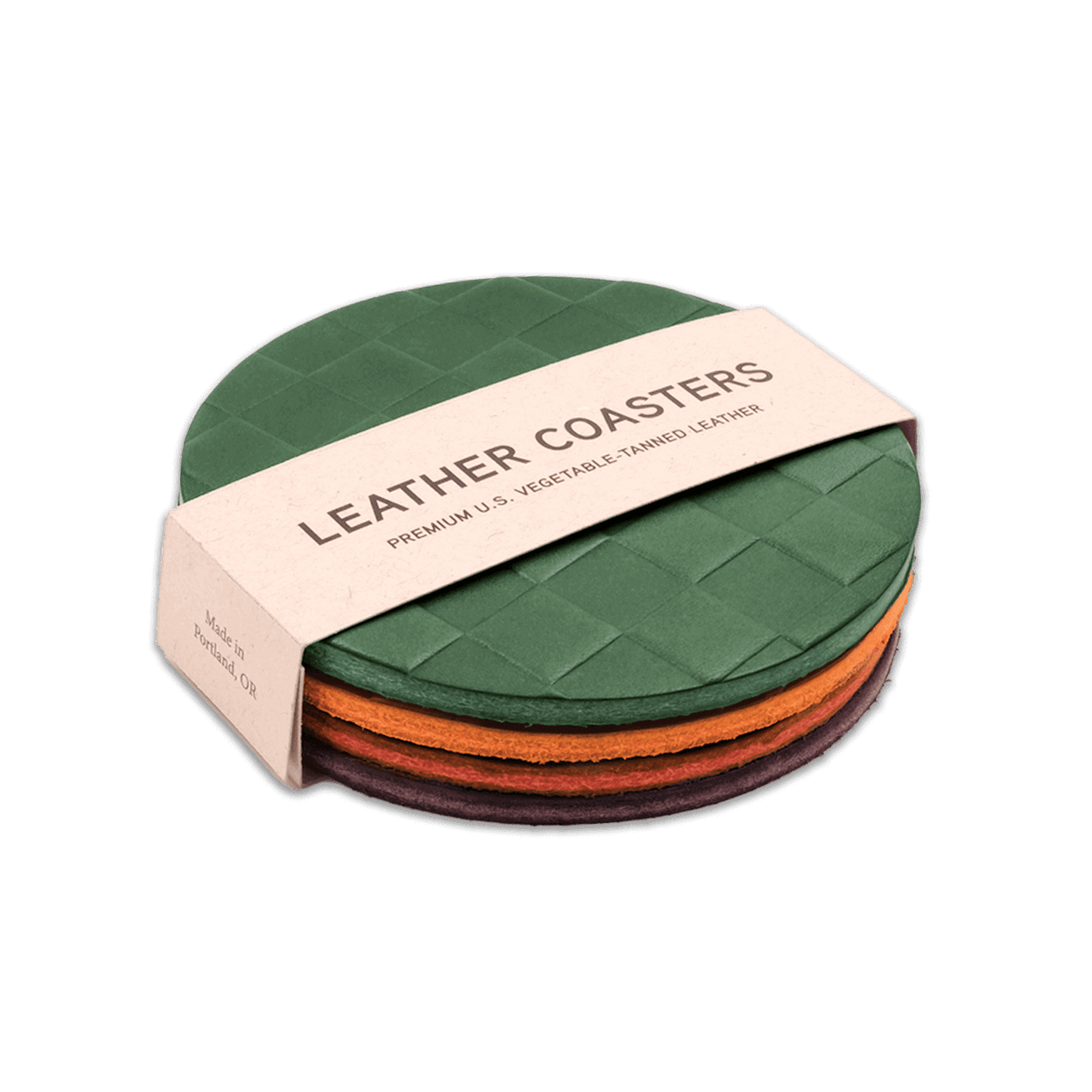 Green, Orange, Red, and Burgundy leather round Checker Texture coasters stacked.