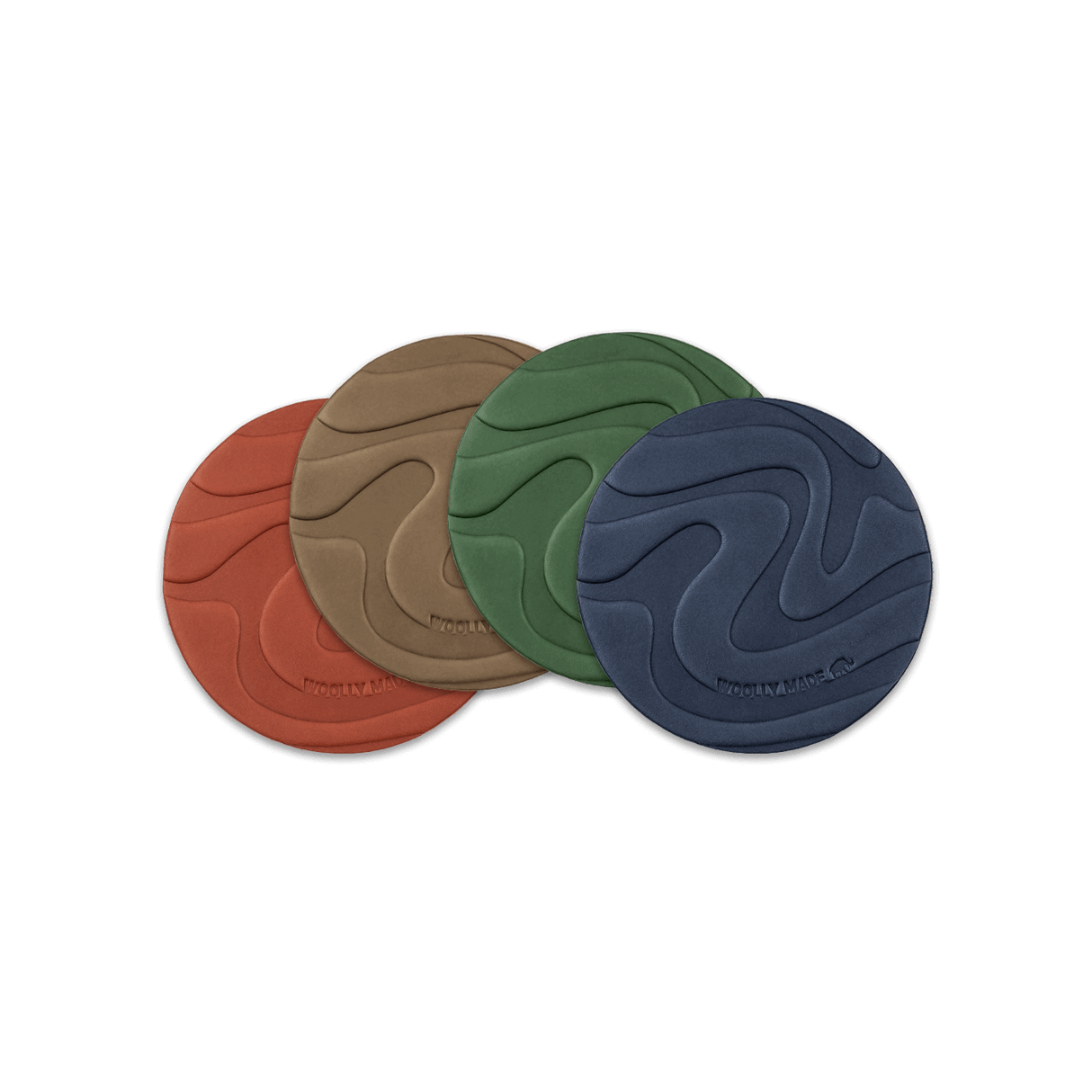 Navy, Green, Olive, and Brown leather round Contour Texture coasters.