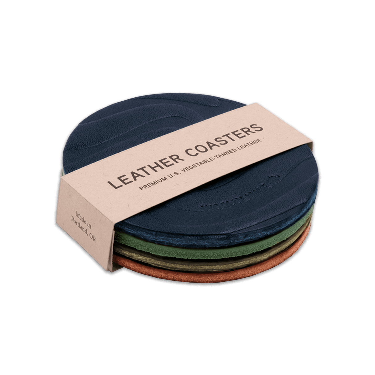 Navy, Green, Olive, and Brown leather round Contour Texture coasters stacked.