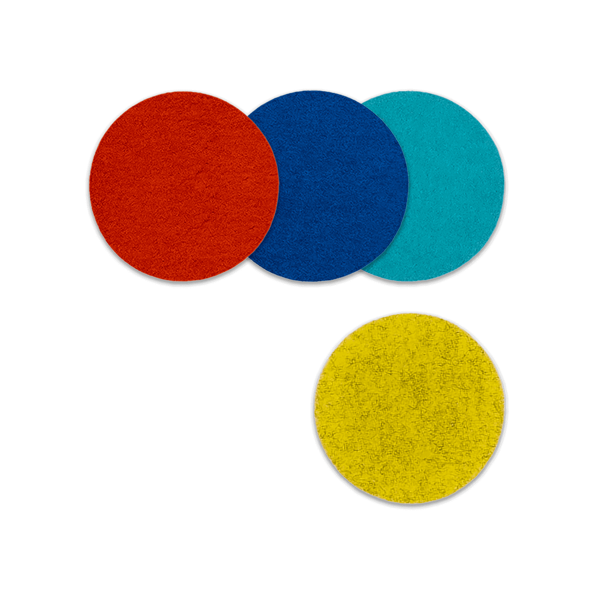 Red, royal blue, sky blue, and yellow color mix round Woolster set spread out.