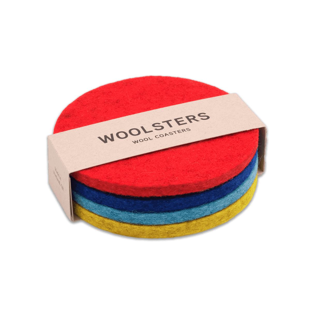 Red, royal blue, sky blue, and yellow color mix round Woolster set stacked.