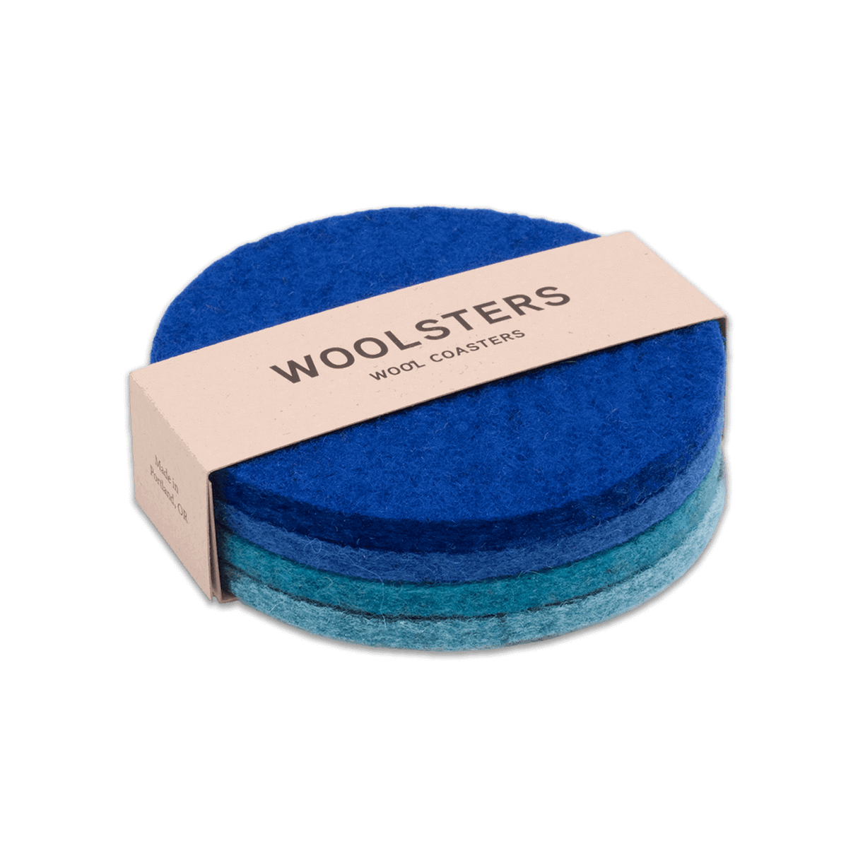 Royal blue, blue, teal, and sky blue Cool Mix round Woolster set stacked.