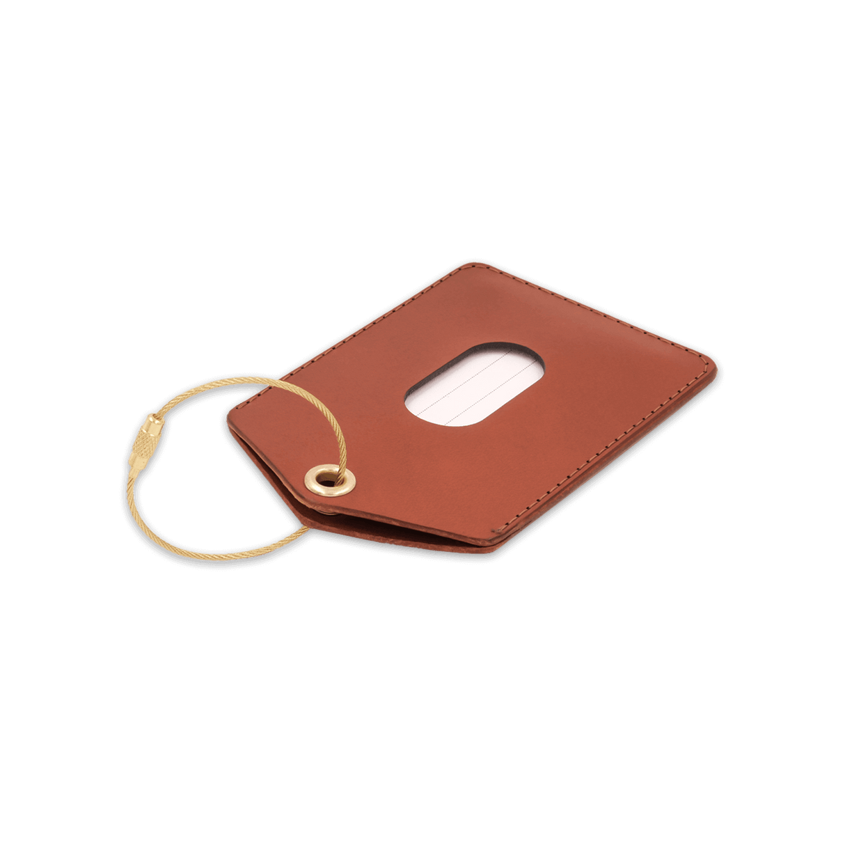 Brown leather Luggage Tag 3/4 angle view with blank info card and window, and brass hardware.