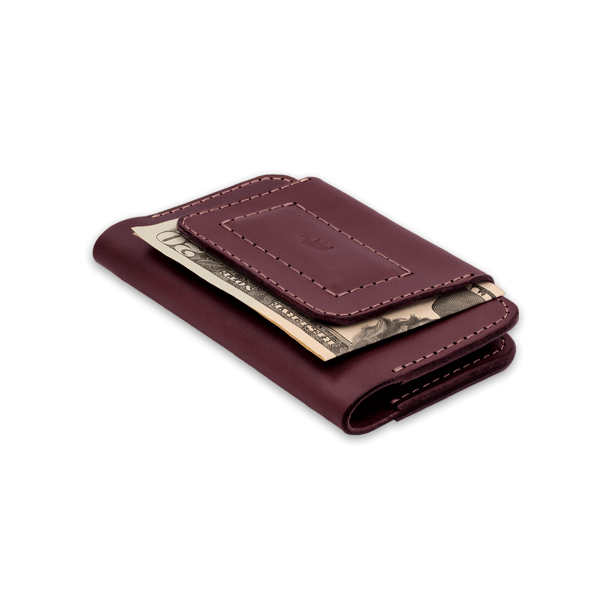 Burgundy leather Founders Wallet 3/4 angle view, hand-pressed Woolly Made logo, folded $20 bill.