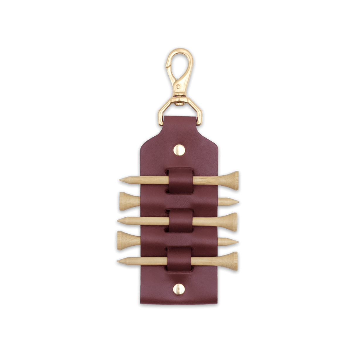 Burgundy leather Golf Tee Tag with five tags included.