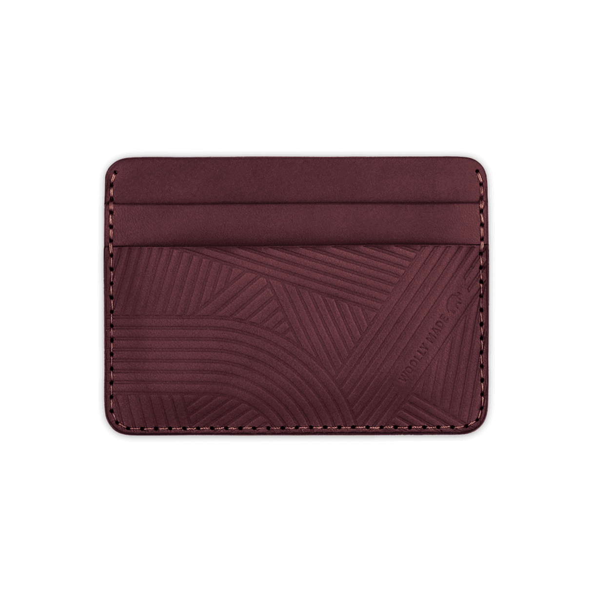 Burgundy leather Texture with hand-pressed design and Woolly Made logo.