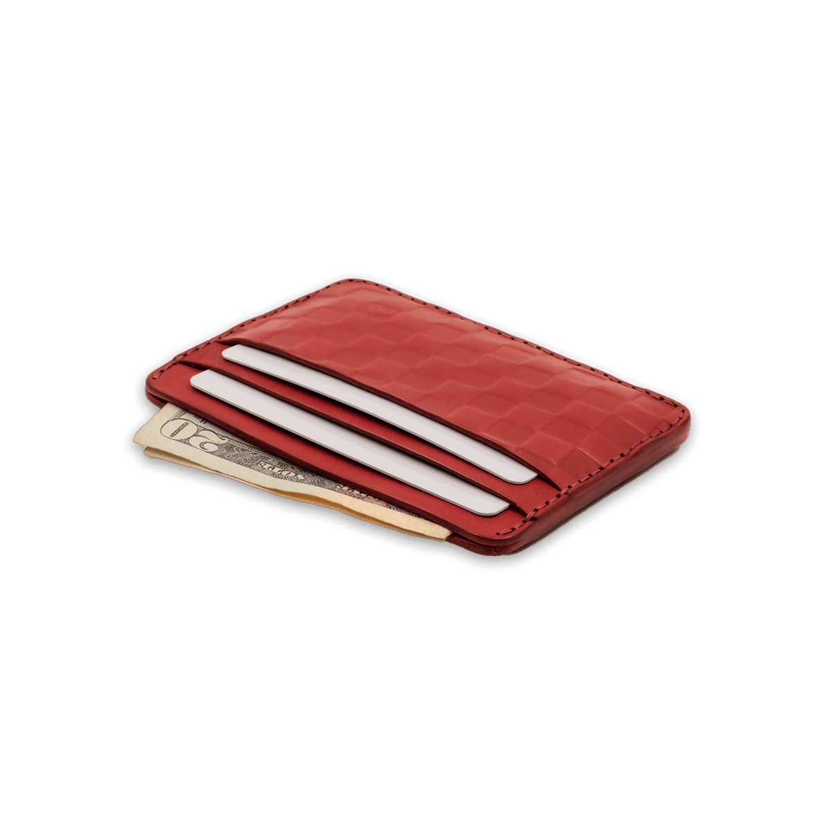 Red Checker Texture Half Wallet angle view with $20 bill and cards.