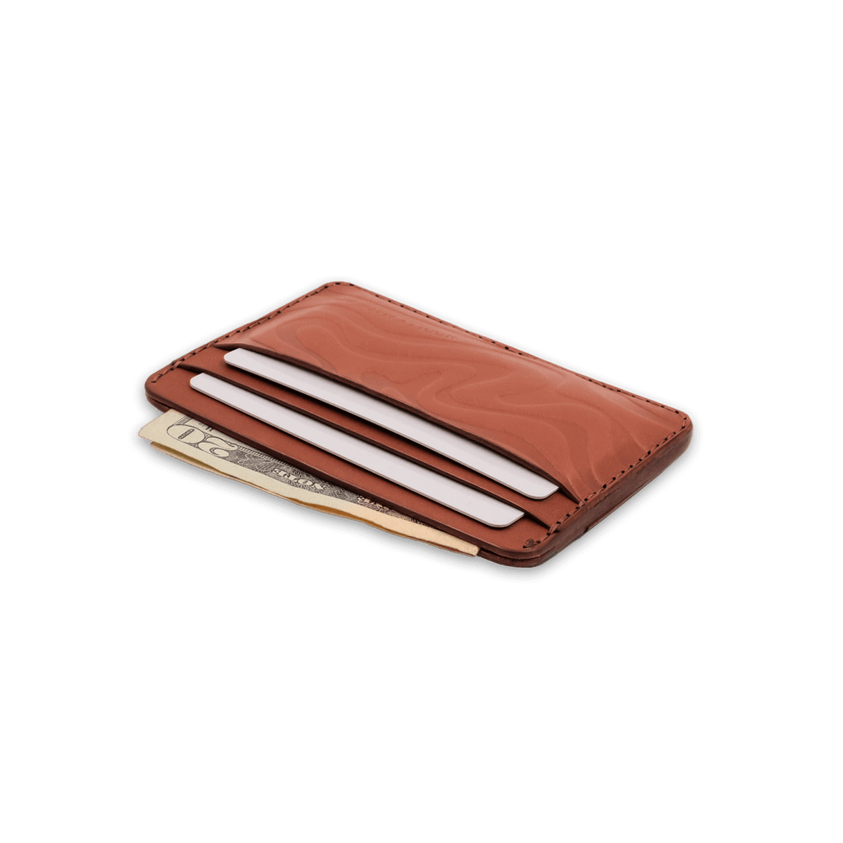 Brown Contour Texture Half Wallet angle view with $20 bill and cards.