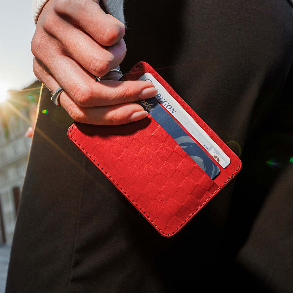 Half Wallet Checker Texture in red leather