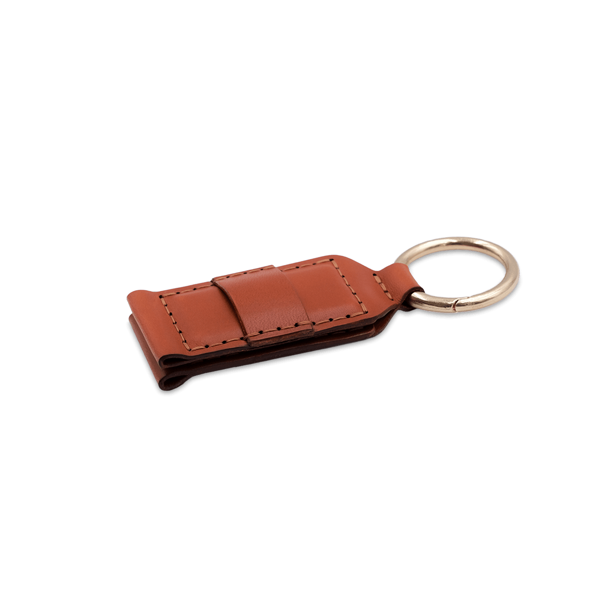 3/4 view of our Hat Clip in brown leather.