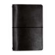 Black glazed leather Journal closed view with elastic strap.