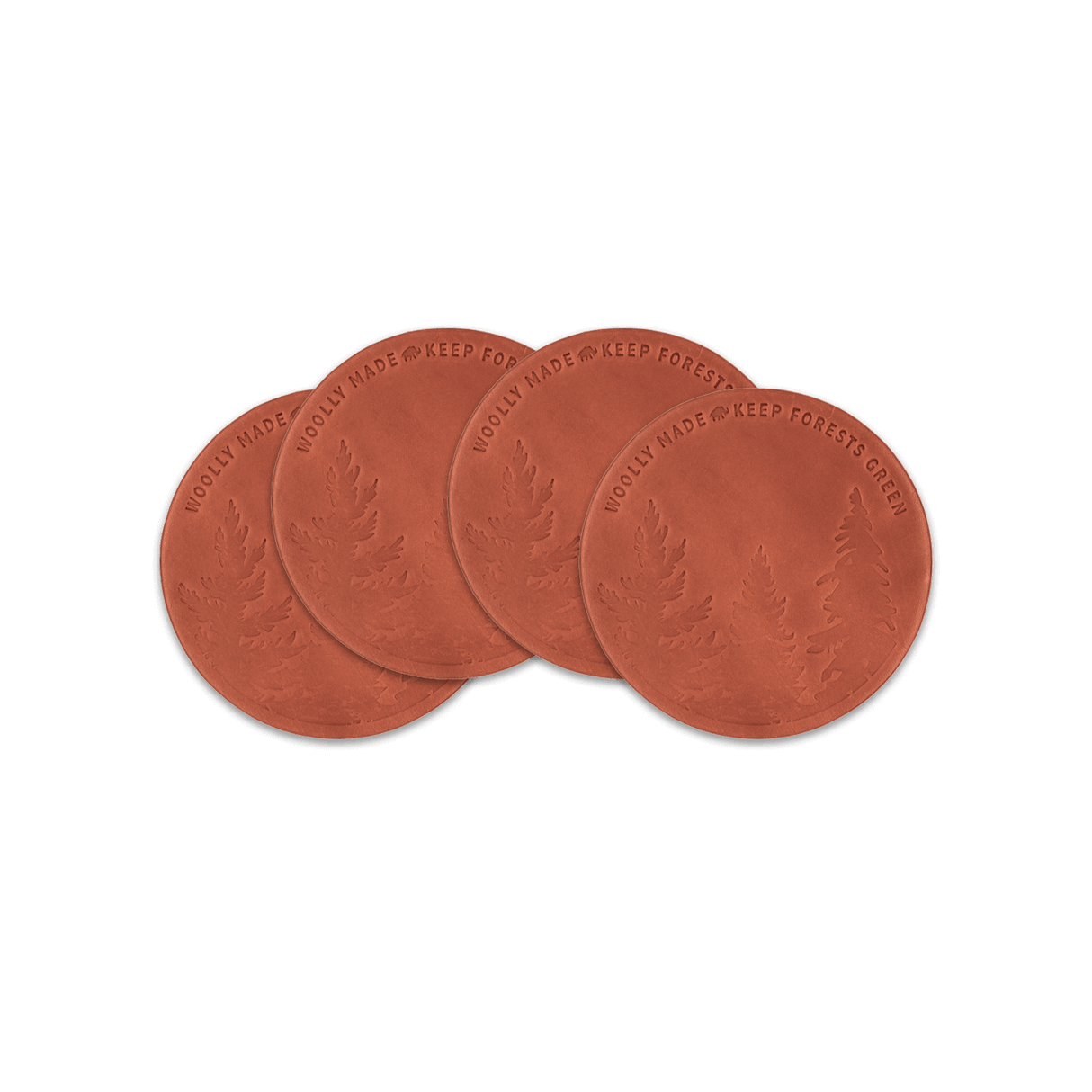 Keep Forests Green brown leather round coaster, spread, hand-pressed design, Woolly Made logo.