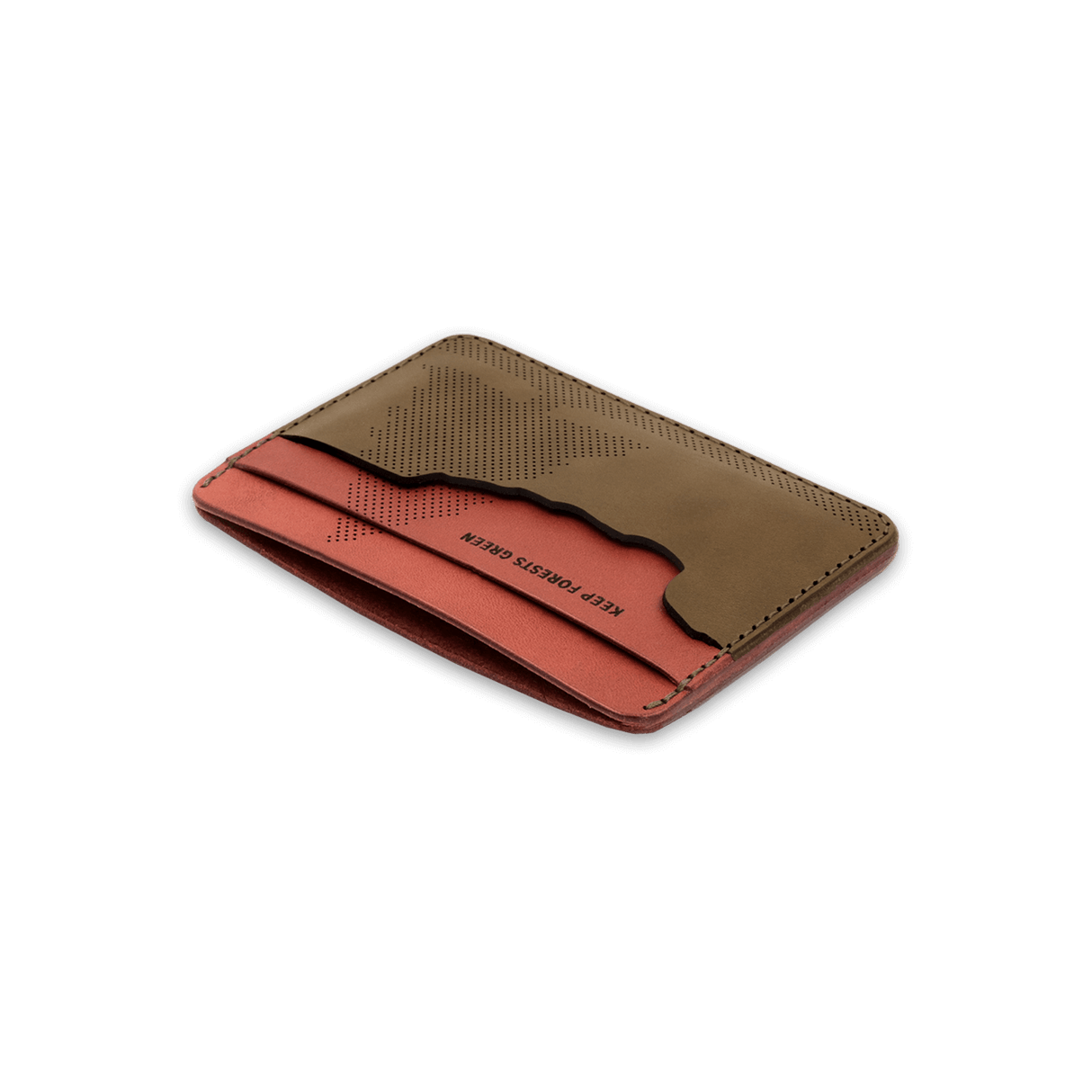 Brown and olive leather, state of Oregon pocket, perforated tree design, etched Keep Forests Green.