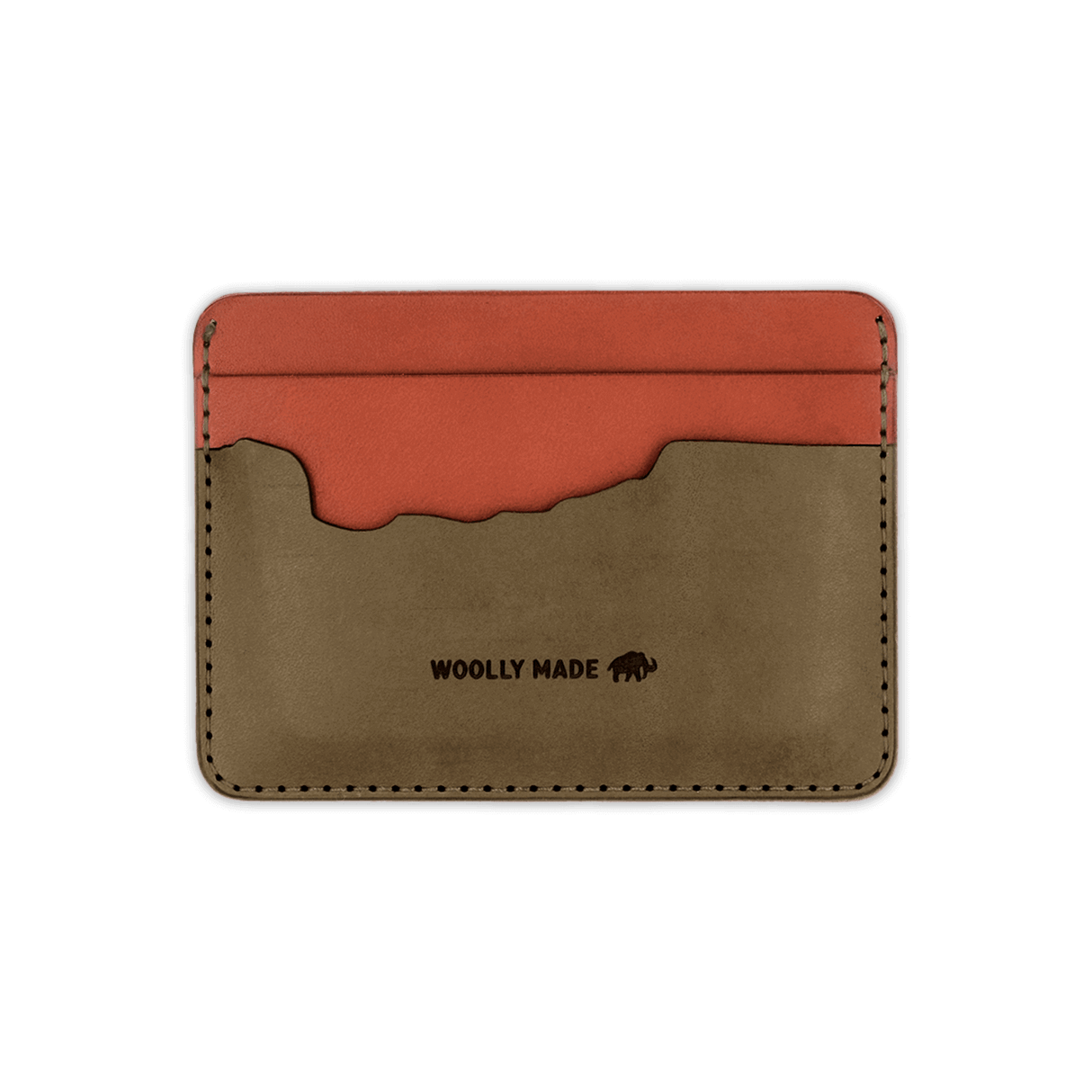 Brown and olive leather, state of Oregon pocket, perforated tree design, etched Woolly Made logo.