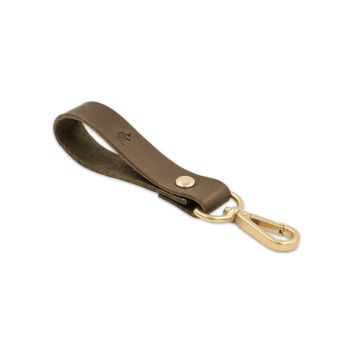 Olive leather Loop Keychain 3/4 angle view with brass hardware and hand-pressed Woolly Made logo.