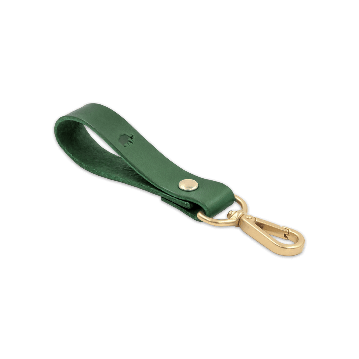 Green leather Loop Keychain 3/4 angle view with brass hardware and hand-pressed Woolly Made logo.