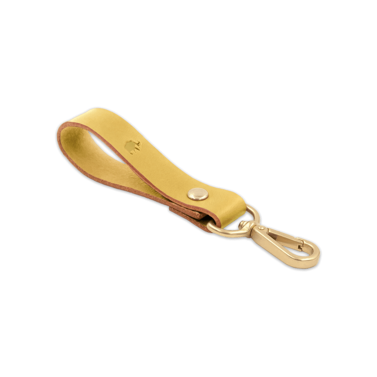 Yellow leather Loop Keychain 3/4 angle view with brass hardware and hand-pressed Woolly Made logo.