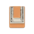 Tan leather Money Clip Wallet with $5 folded bill.