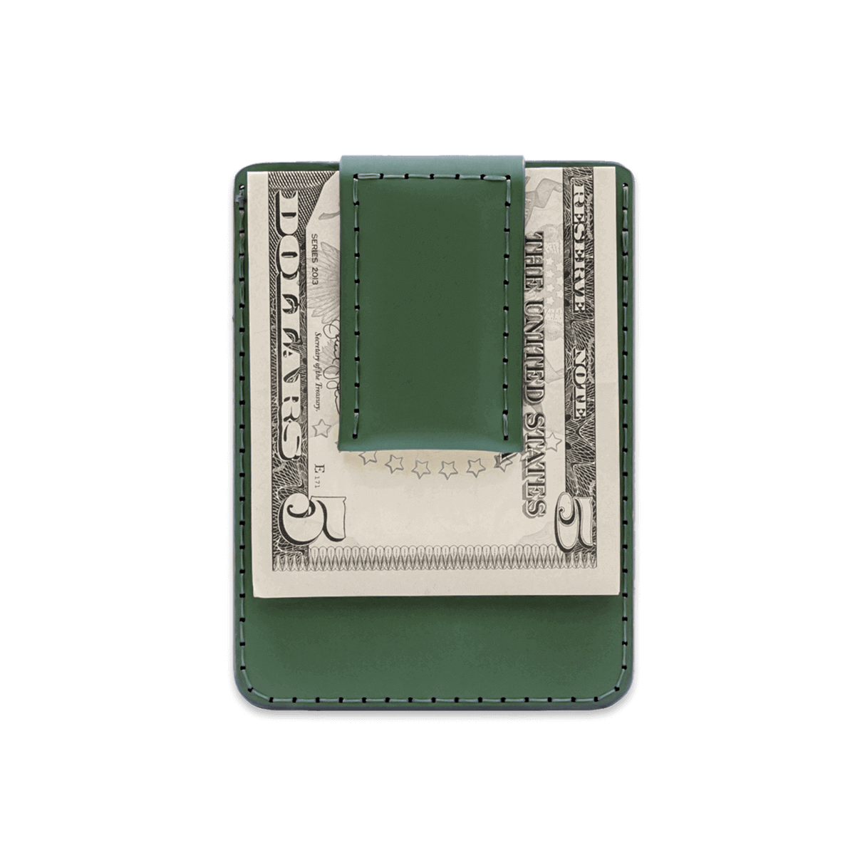 Green leather Money Clip Wallet with $5 folded bill.