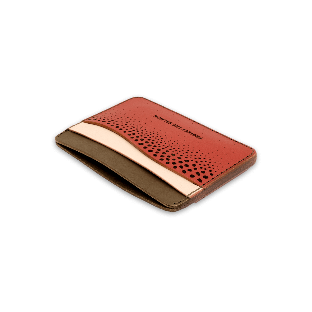 Olive, tusk, salmon leather, wave pocket, etched salmon pattern, text, etched Protect the Salmon.