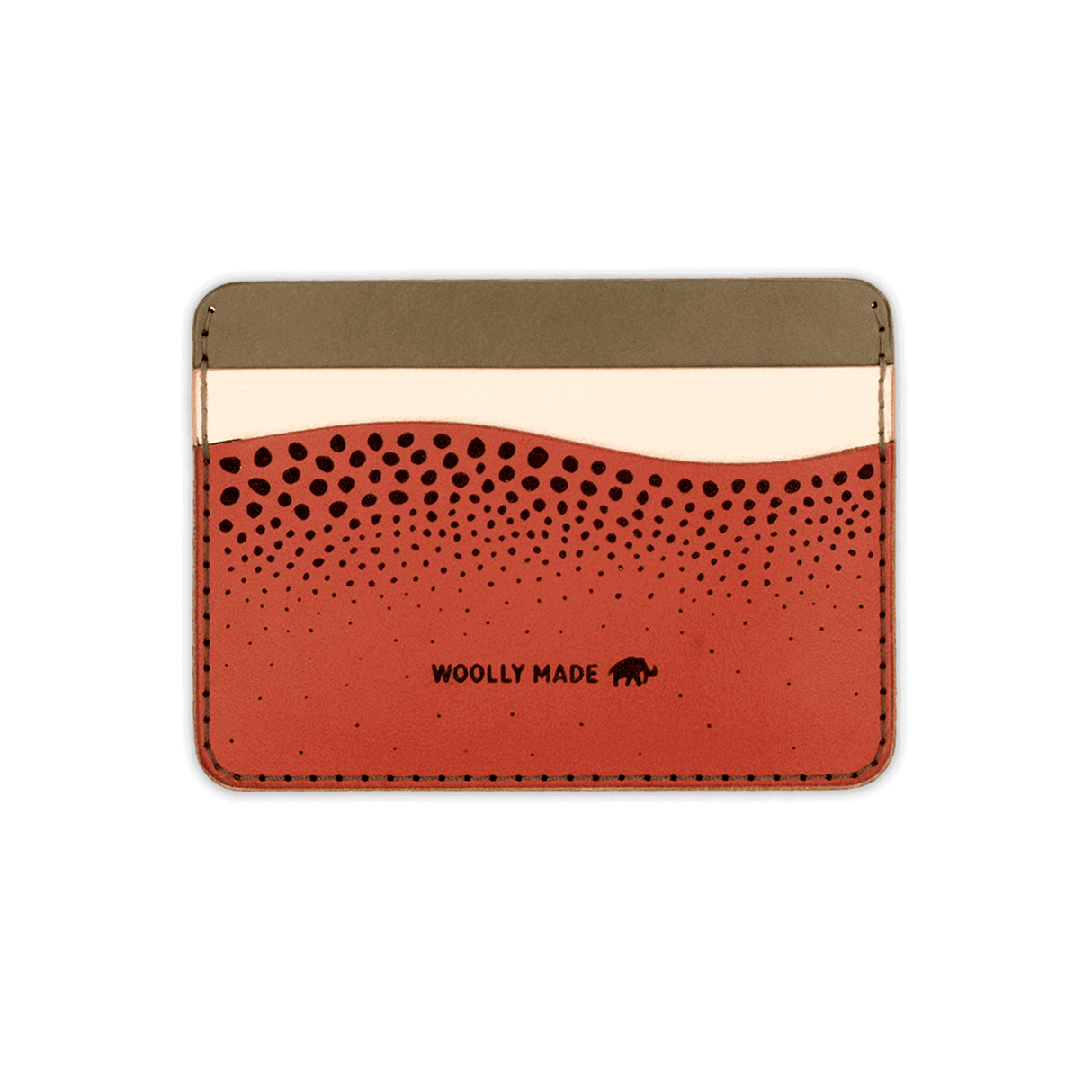 Olive, tusk, salmon leather, wave pocket, etched salmon pattern, text, etched Woolly Made logo.