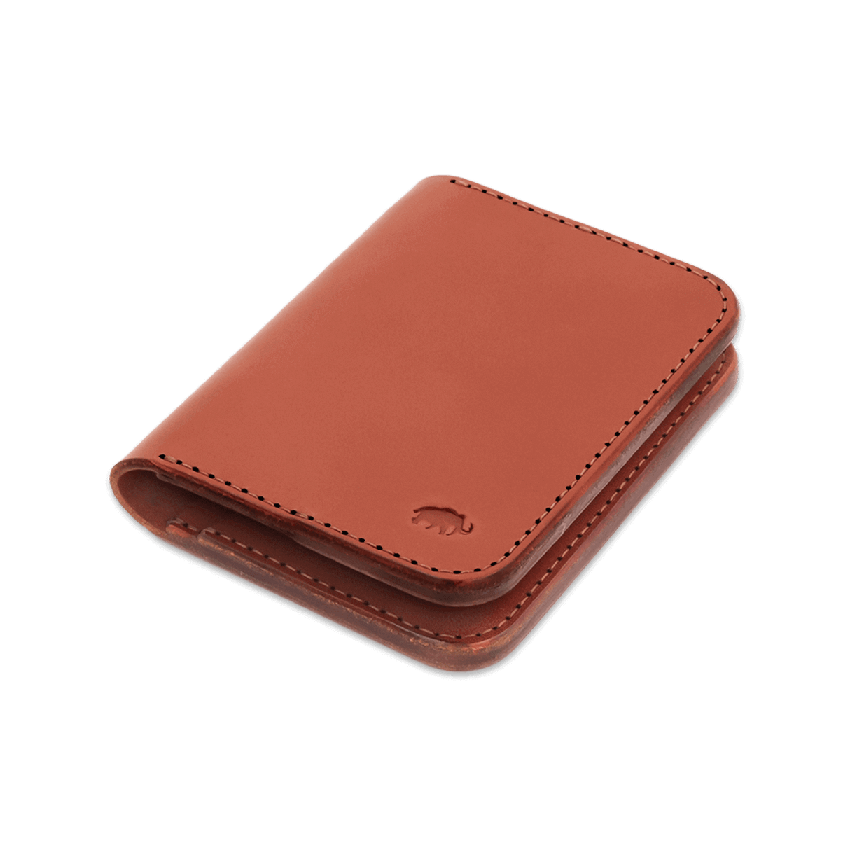 Brown leather Portrait Wallet 3/4 angle view with hand-pressed Woolly Made logo.