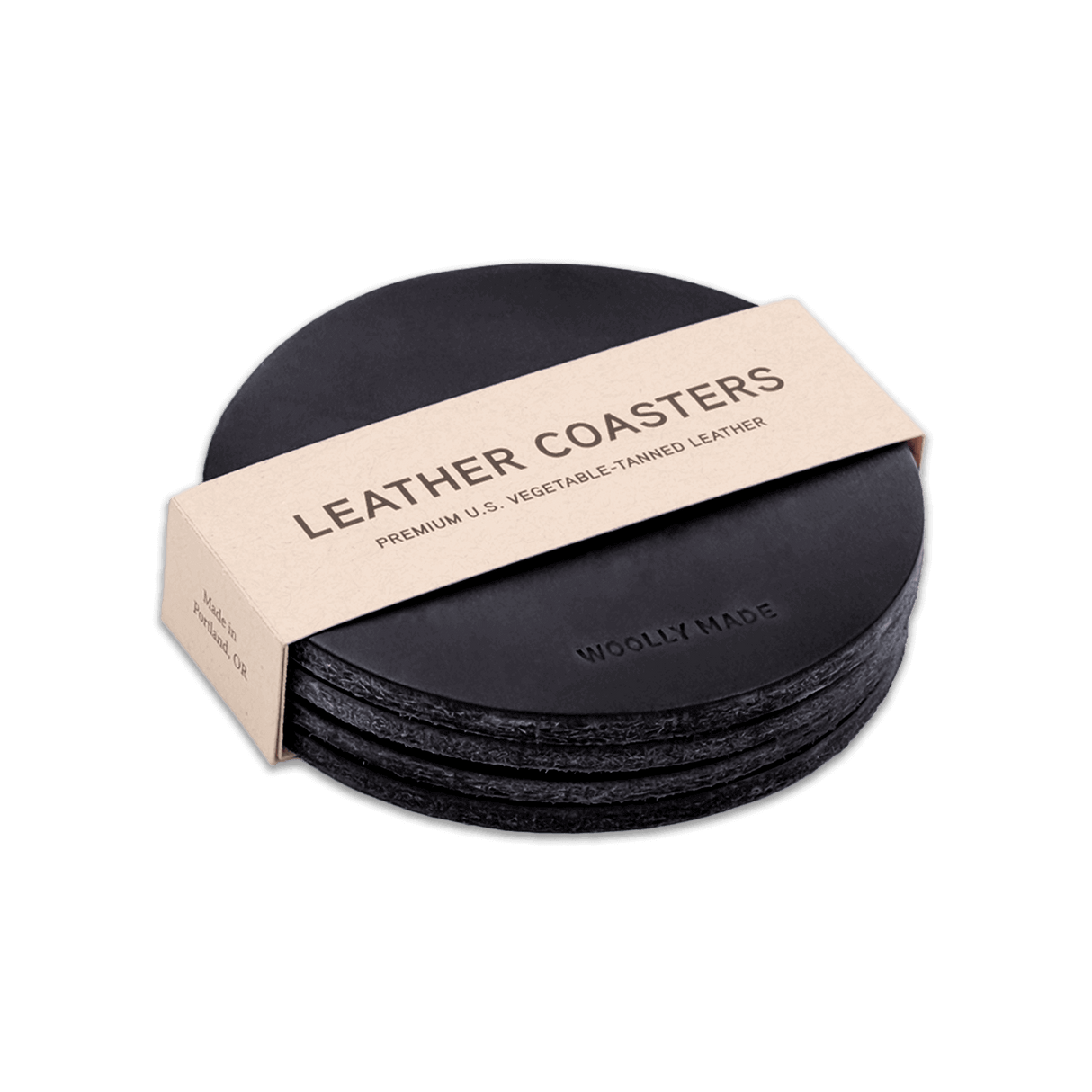 Black leather round coaster set with hand-pressed Woolly Made logo stacked.