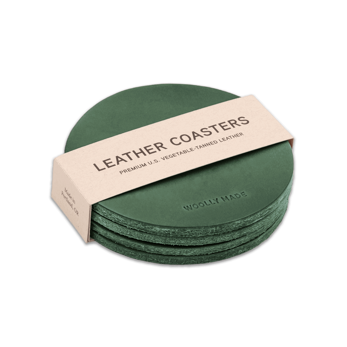 Green leather round coaster set with hand-pressed Woolly Made logo stacked.
