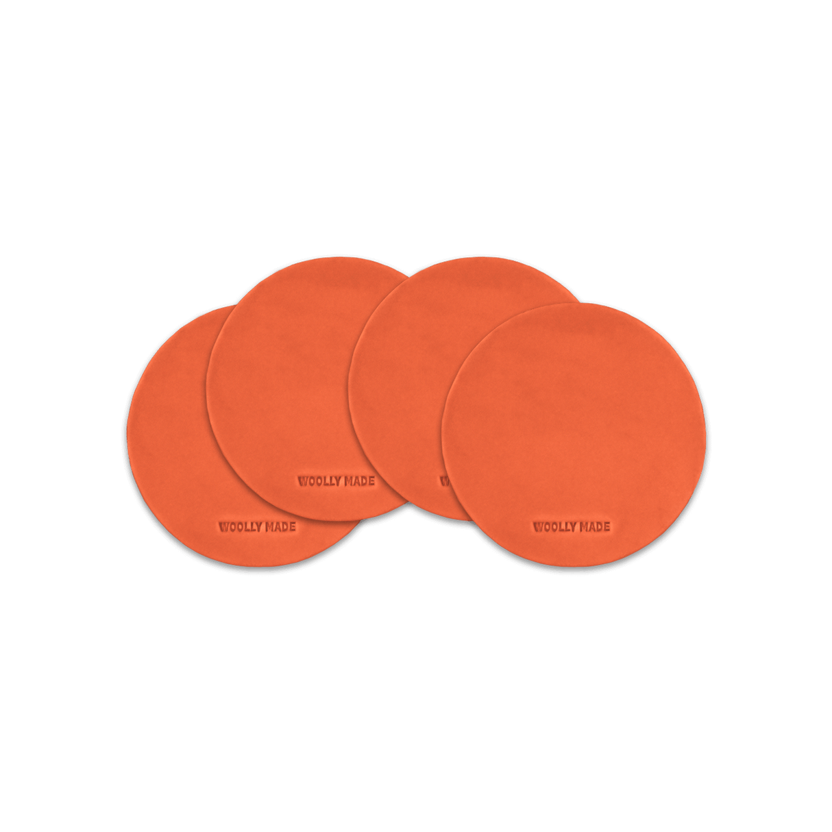 Orange leather round coaster set with hand-pressed Woolly Made logo spread out.