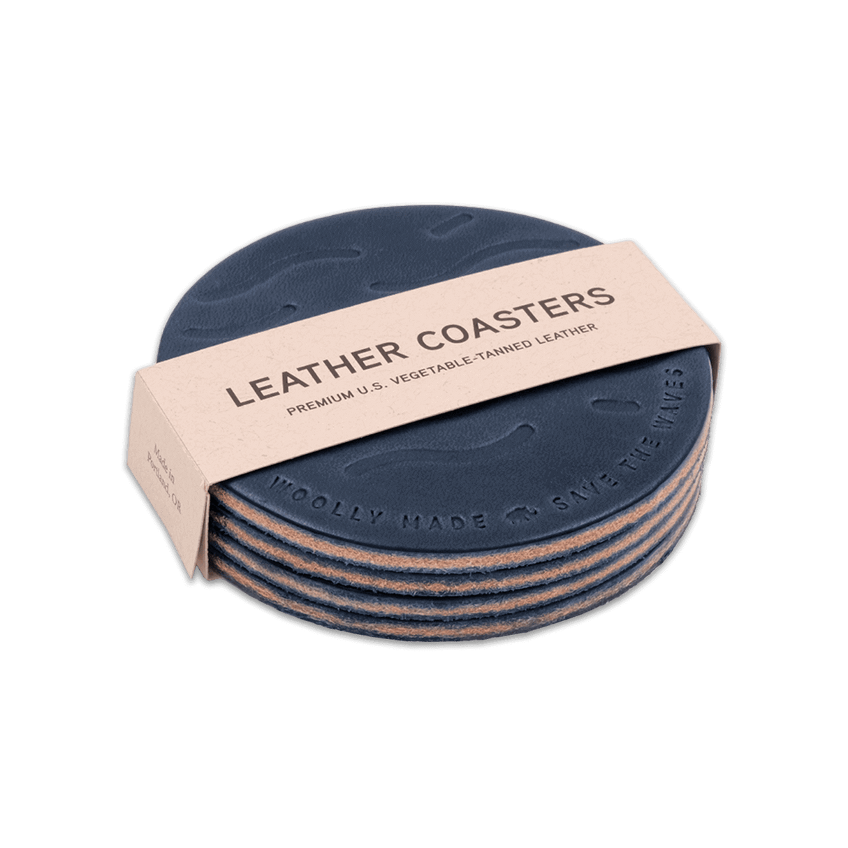 Save the Waves blue leather round coasters, stacked, hand-pressed wave design, Woolly Made logo.