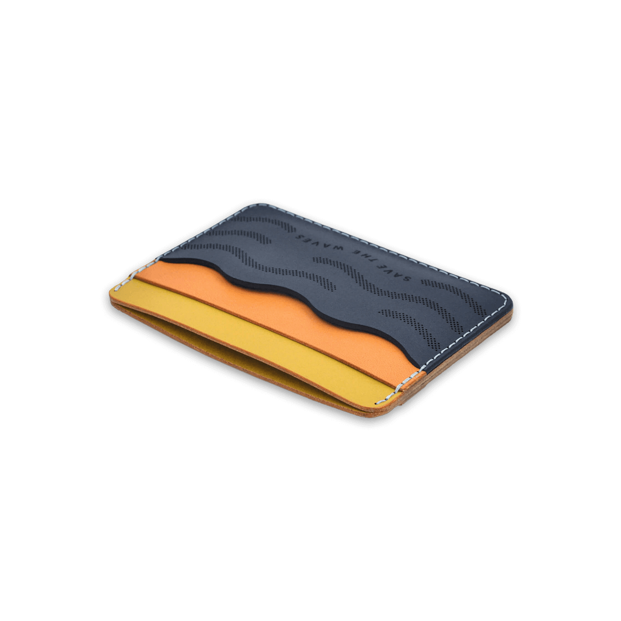 Yellow, orange, and navy leather, wave pocket, and etched Save the Waves text.