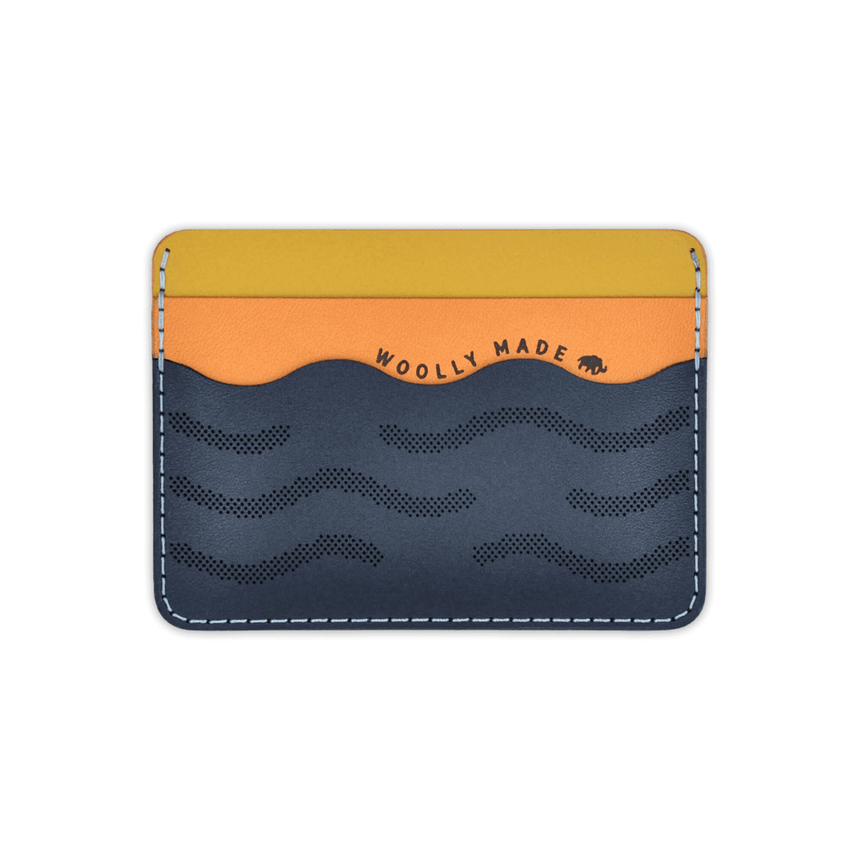Yellow, orange, navy leather, wave pocket, etched Save the Waves text, etched Woolly Made logo.