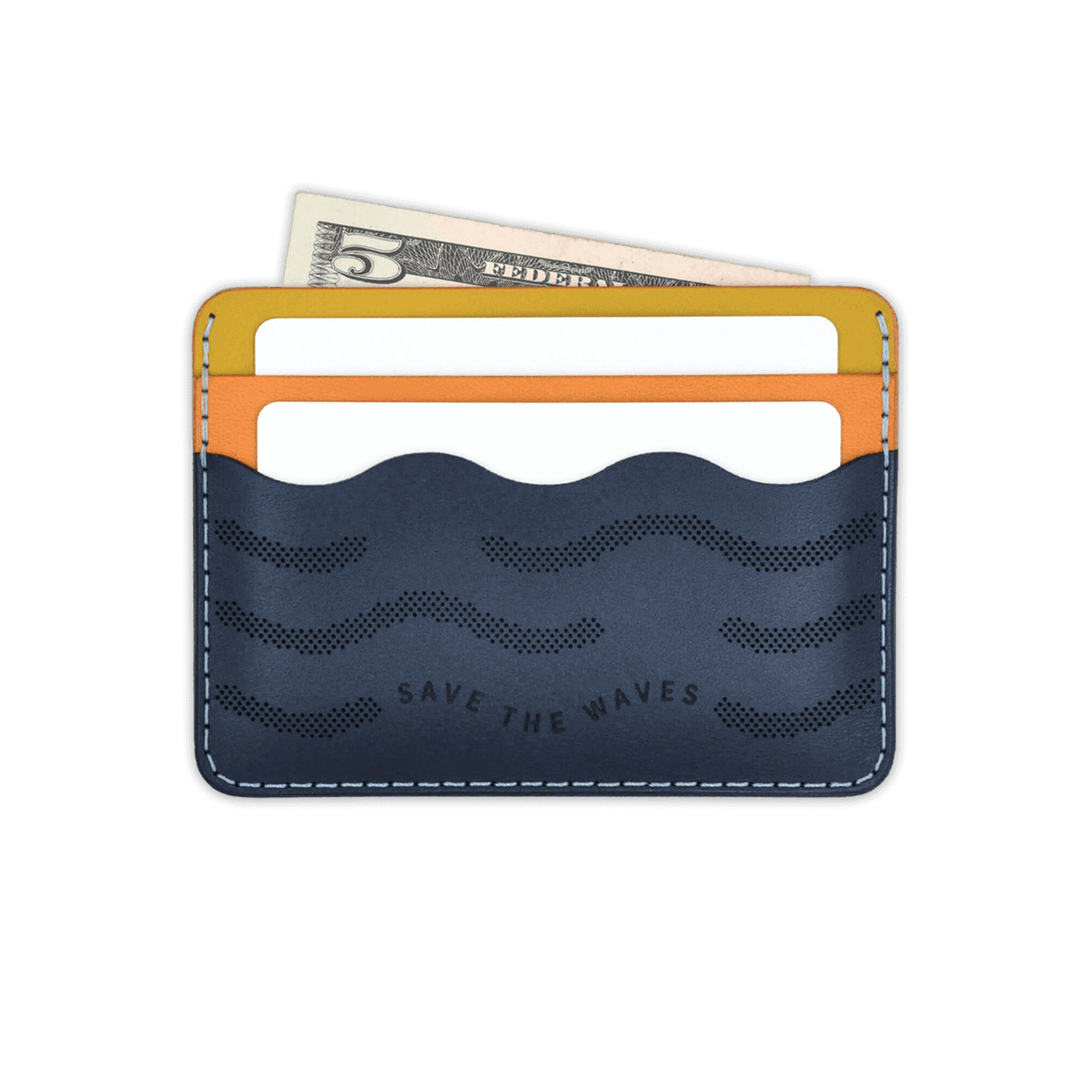 Yellow, orange, navy leather, wave pocket, etched Save the Waves text, white cards, $5 bill.