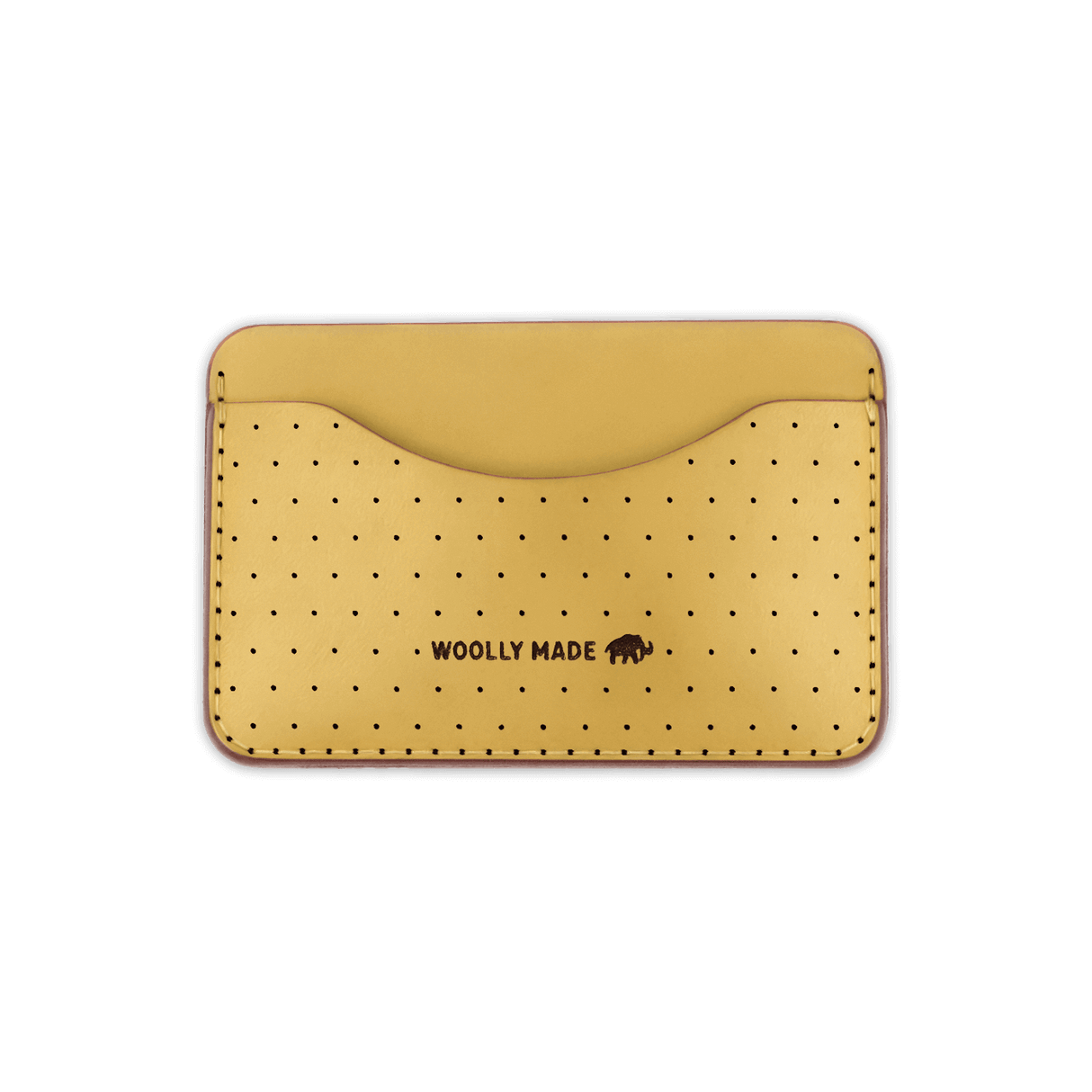 Yellow leather Slim Wallet with decorative perforation and etched Woolly Made logo.
