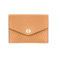Tan leather Snap Wallet with decorative perforation and brass hardware.