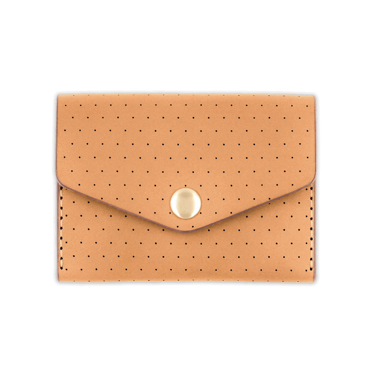 Tan leather Snap Wallet with decorative perforation and brass hardware.