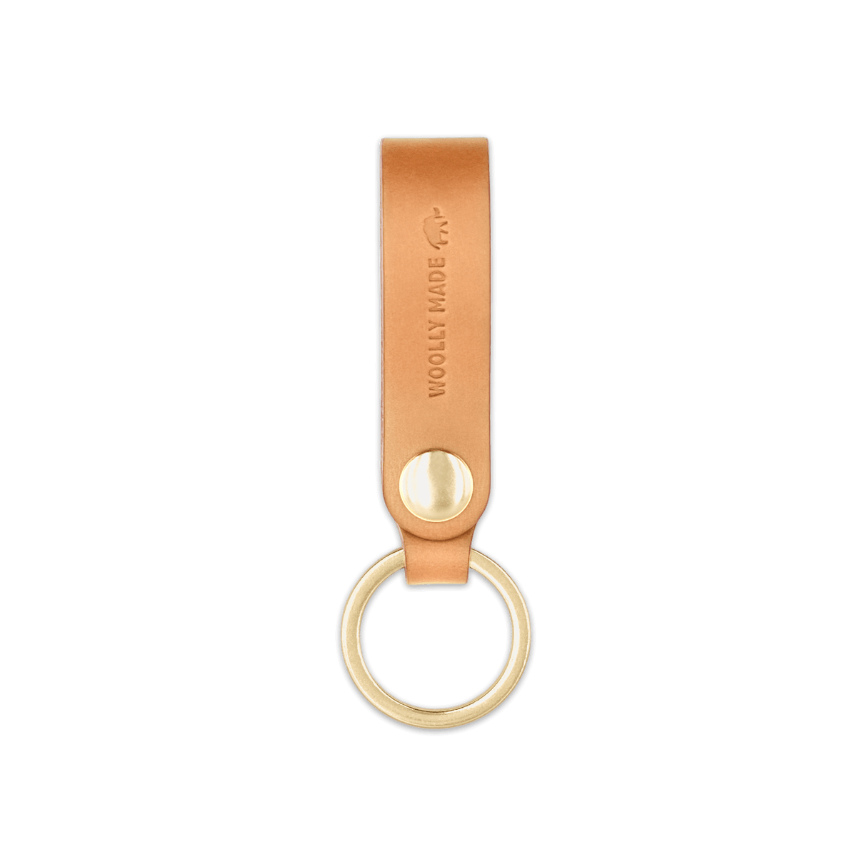 Tan leather Snap Keychain front view with brass keyring and hand-pressed Woolly Made logo.